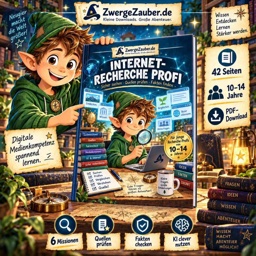 Internet-Recherche Profi mit 42 Seiten, 6 Missionen, Suchstrategien, Quellenprüfung, Faktencheck, KI-Themen und Urkunde für 10 bis 14 Jahre