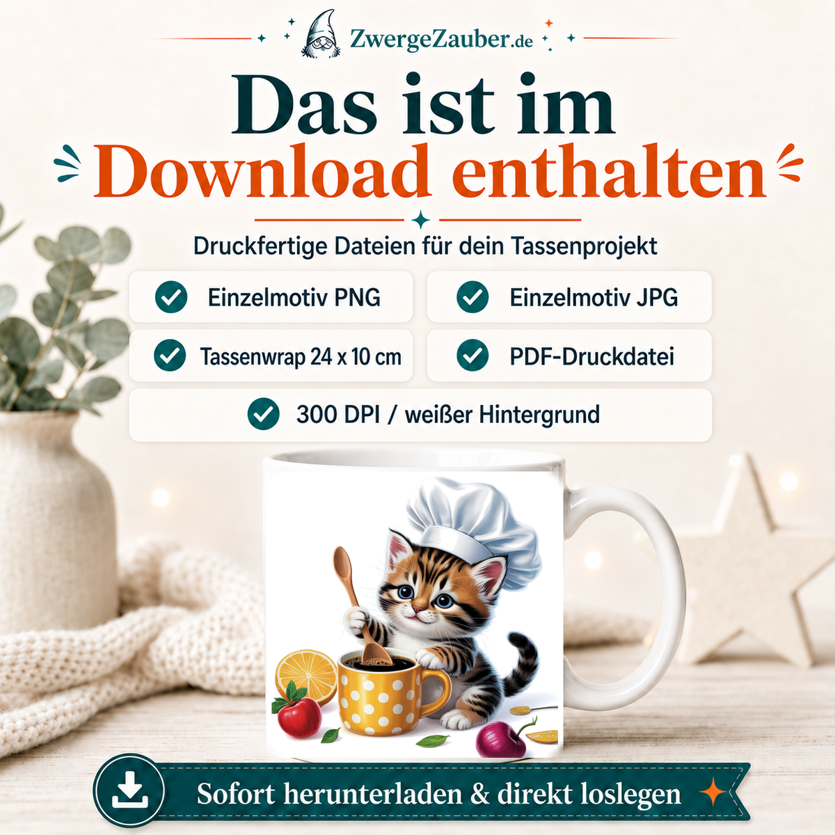 ZwergeZauber Tassendesign Kätzchen als Koch mit Kaffeetasse  – Verkaufsbild 2