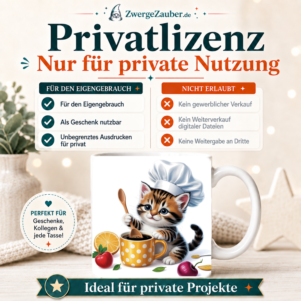 ZwergeZauber Tassendesign Kätzchen als Koch mit Kaffeetasse  – Verkaufsbild 3