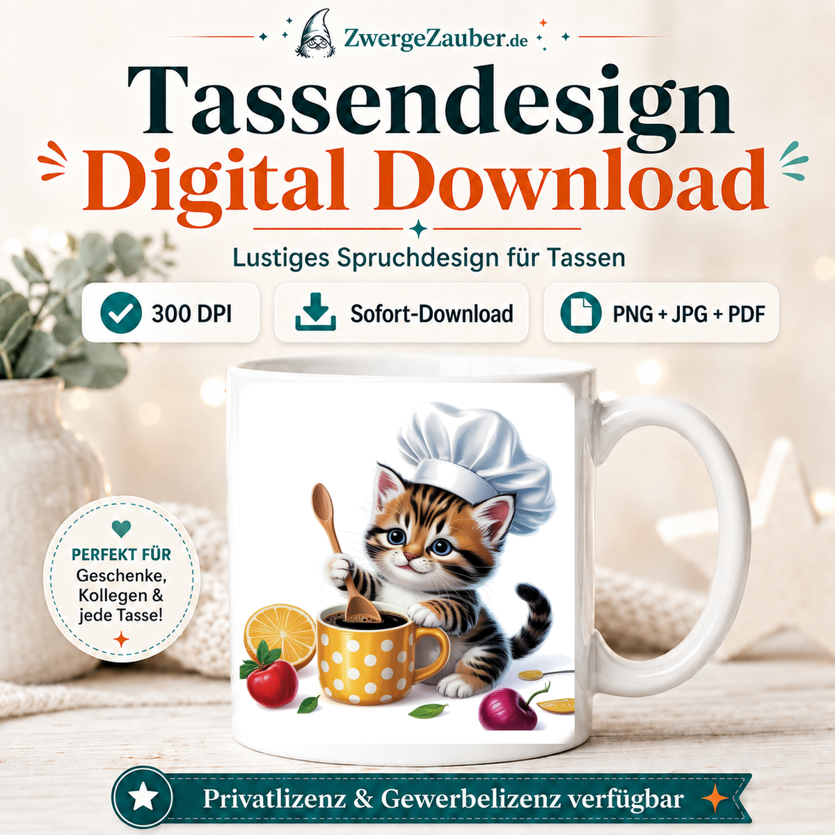 ZwergeZauber Tassendesign Kätzchen als Koch mit Kaffeetasse  – Verkaufsbild 1