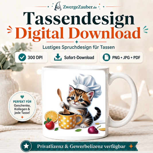 ZwergeZauber Tassendesign Kätzchen als Koch mit Kaffeetasse  – Verkaufsbild 1