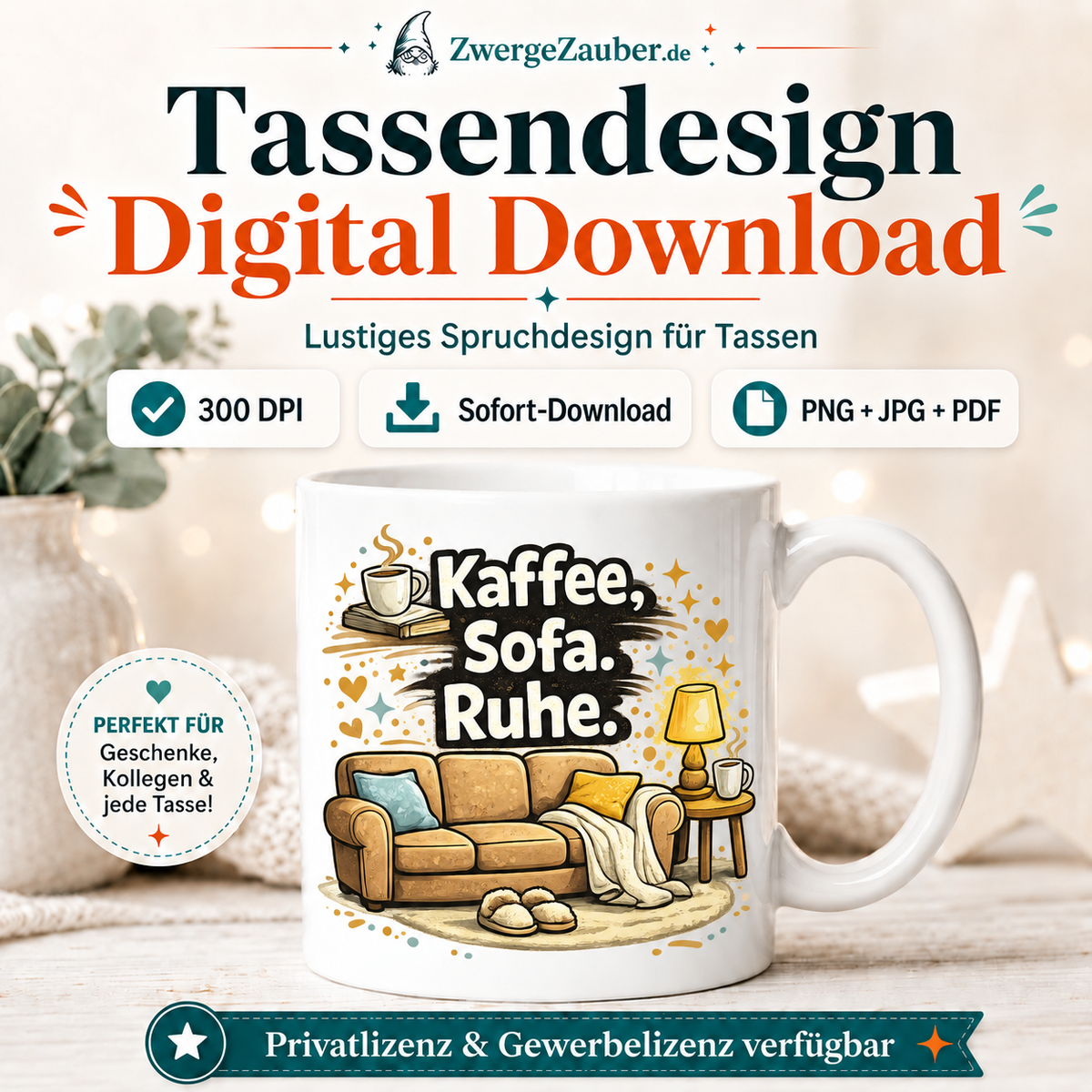 ZwergeZauber Tassendesign Kaffee, Sofa, Ruhe – Verkaufsbild 1