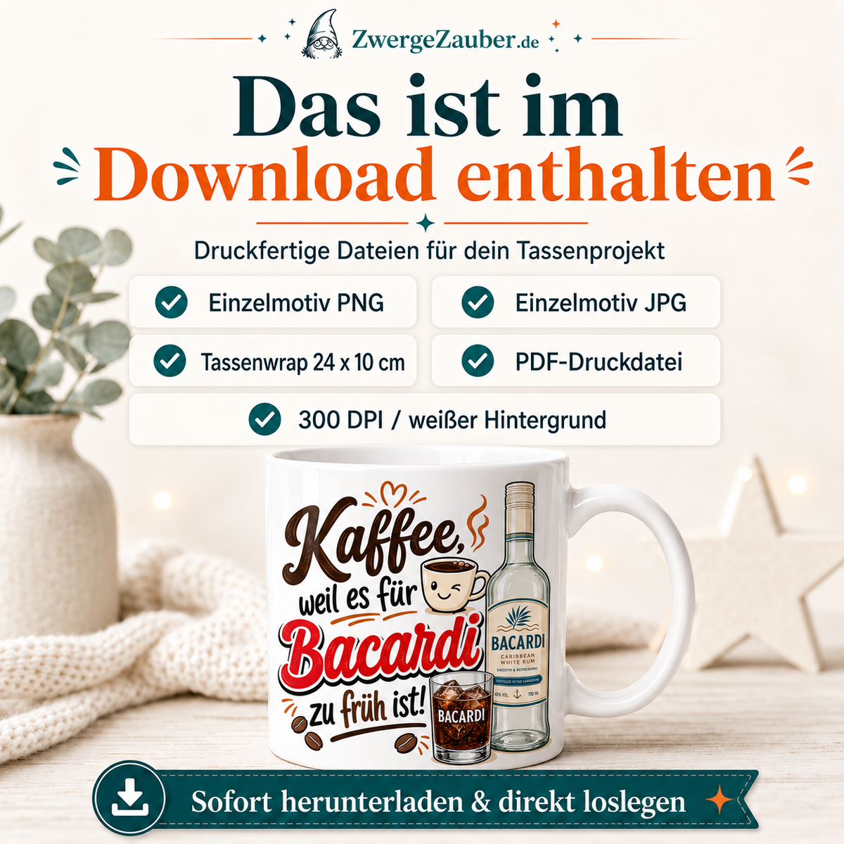 ZwergeZauber Tassendesign Kaffee weil es fuer Bacardi zu frueh ist – Verkaufsbild 2