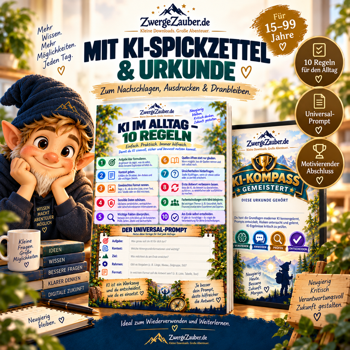 KI-Spickzettel mit 10 Regeln, Universal-Prompt und KI-Kompass-Urkunde im ZwergeZauber PDF