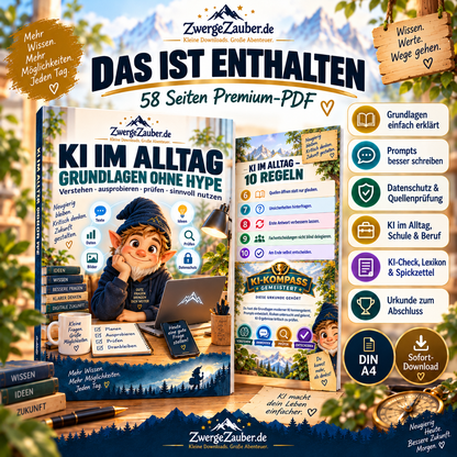Das ist enthalten im 58-seitigen KI-im-Alltag-PDF: Grundlagen, Prompts, Datenschutz, Faktenchecks, KI-Check und Urkunde