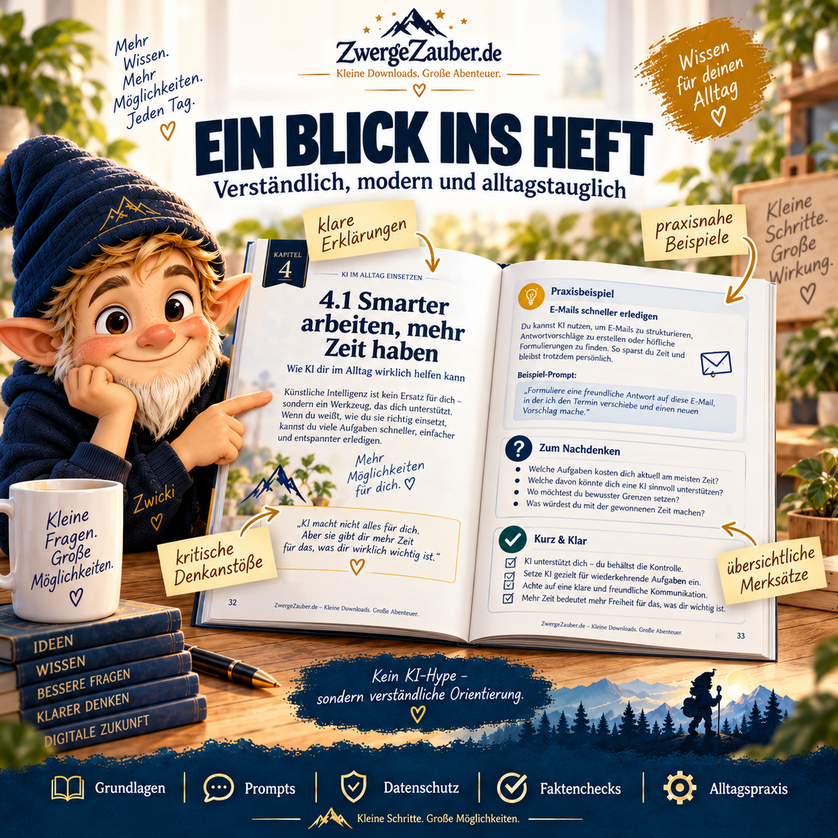 Einblick in das KI-im-Alltag-Workbook mit verständlichen Erklärungen, Praxisbeispielen, Denkanstößen und Merksätzen