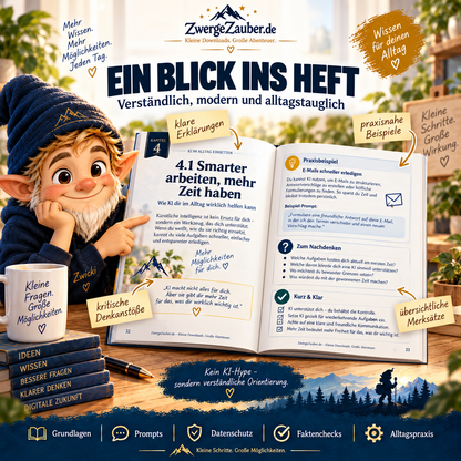 Einblick in das KI-im-Alltag-Workbook mit verständlichen Erklärungen, Praxisbeispielen, Denkanstößen und Merksätzen