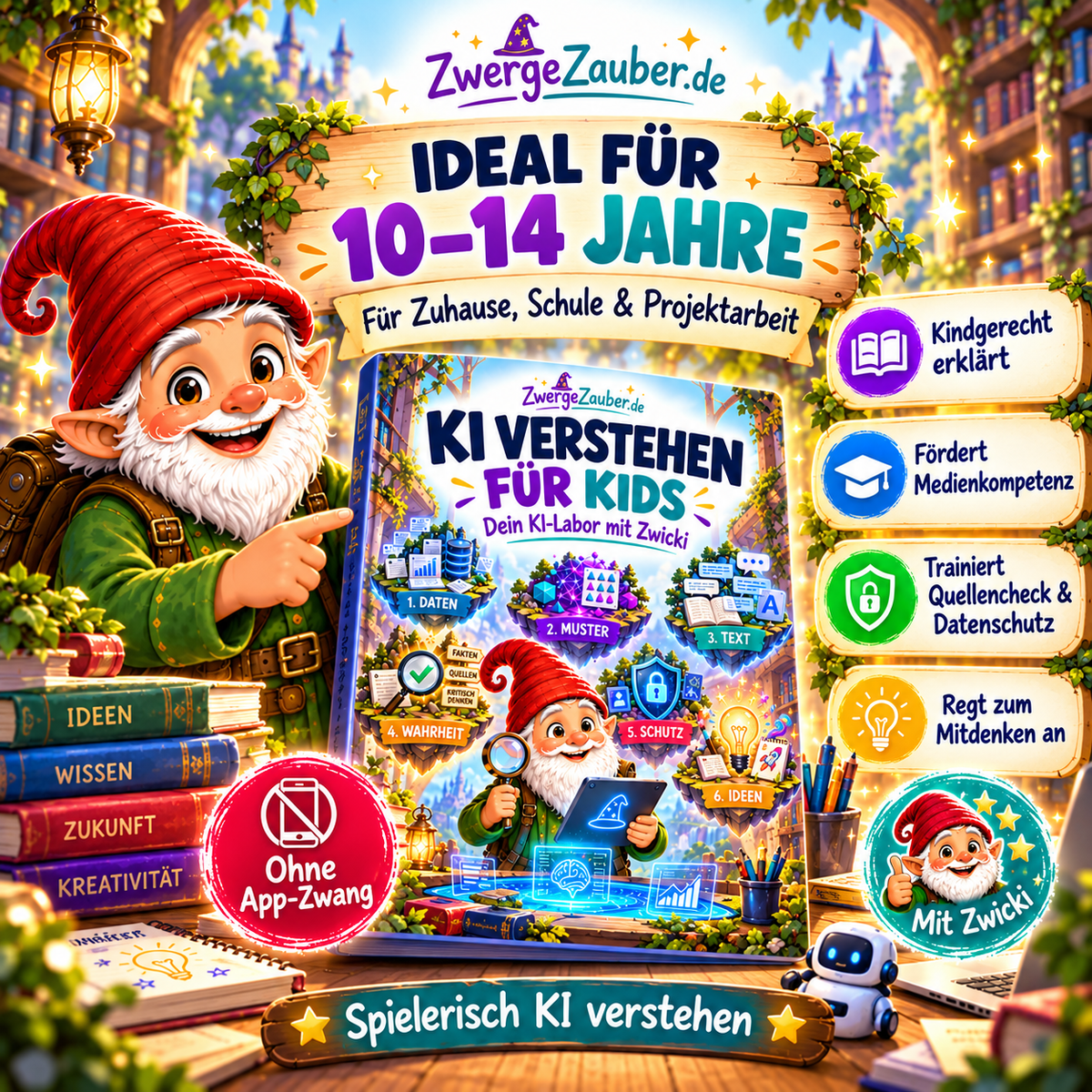 KI verstehen für Kids für 10- bis 14-Jährige – Zwicki zeigt das illustrierte KI-Labor mit Übungen zu Medienkompetenz, Quellencheck und Datenschutz ohne App-Zwang.