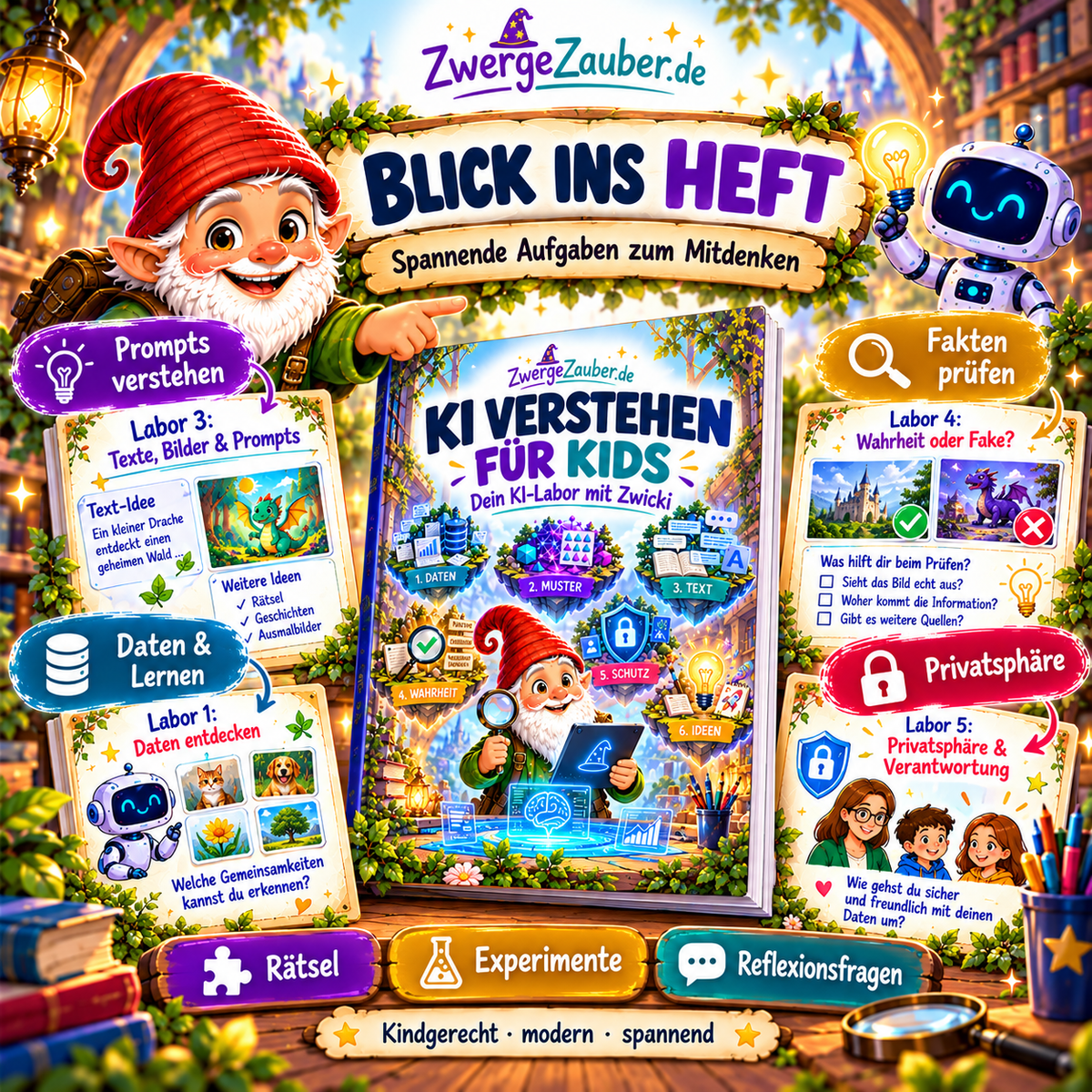 Blick ins Heft KI verstehen für Kids – illustrierte Beispielseiten zu Prompts, Faktenprüfung und Datenschutz sowie Zwicki als Lernbegleiter.