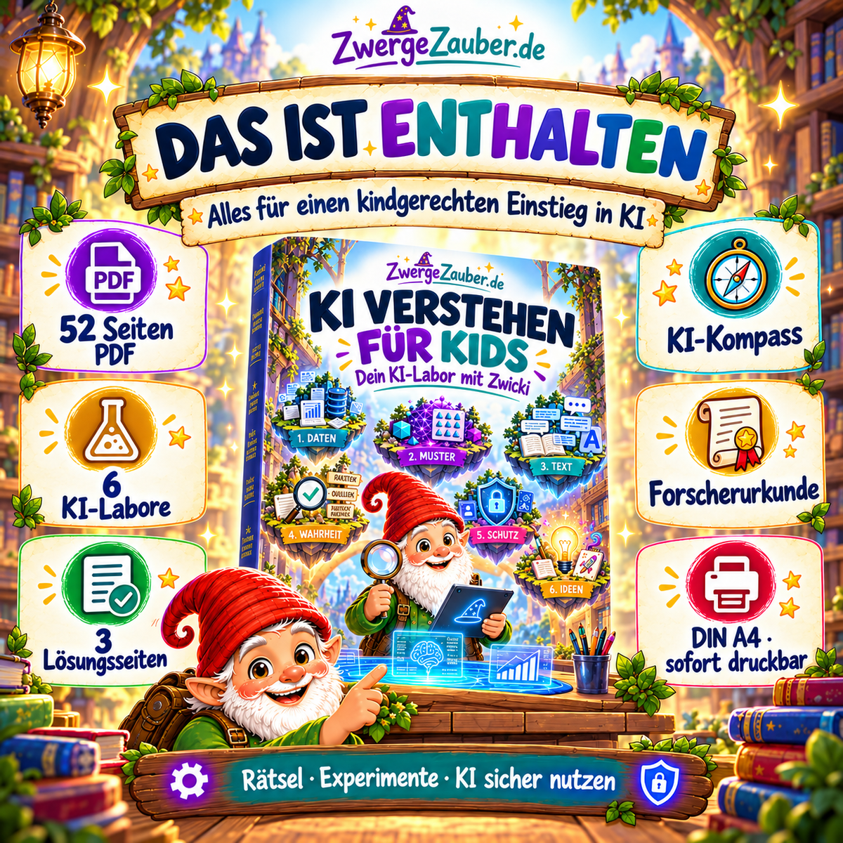 Das ist enthalten: 52 PDF-Seiten mit sechs KI-Laboren, drei Lösungsseiten, KI-Kompass und Forscherurkunde im ZwergeZauber-Design.
