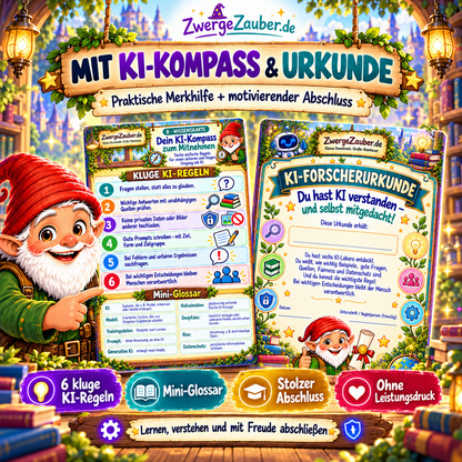 KI verstehen für Kids mit KI-Kompass, sechs klugen KI-Regeln, Mini-Glossar und personalisierbarer KI-Forscherurkunde mit Zwicki.
