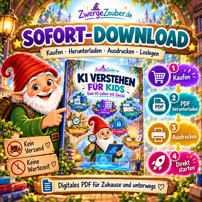 Sofort-Download für KI verstehen für Kids: digitales DIN-A4-PDF mit Zwicki, vier Schritten von Kaufen bis Ausdrucken, kein physischer Versand.
