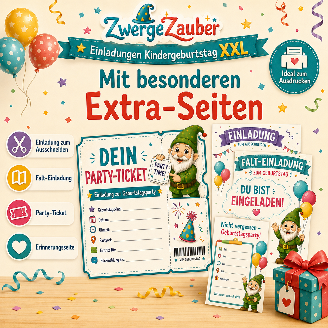Kindergeburtstag PDF mit Einladung zum Ausschneiden Falt-Einladung Party-Ticket und Erinnerungsseite