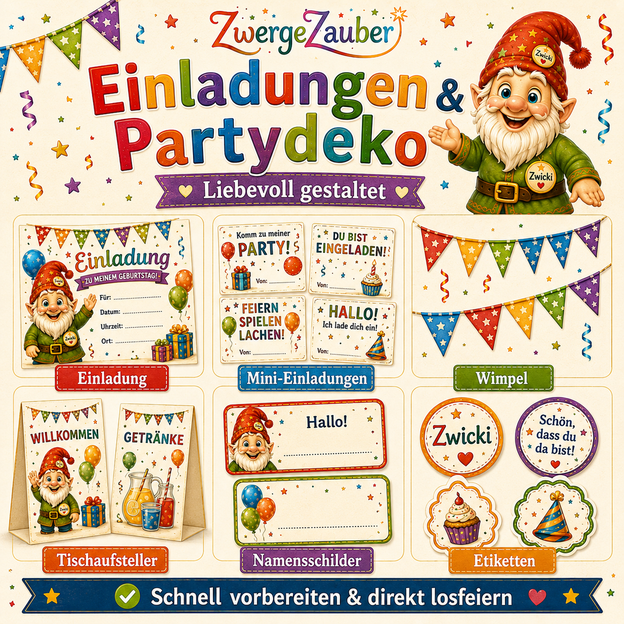 Kindergeburtstag PDF Set mit Einladungskarten, Mini-Einladungen, Wimpeln, Tischaufstellern, Namensschildern und Etiketten zum Ausdrucken