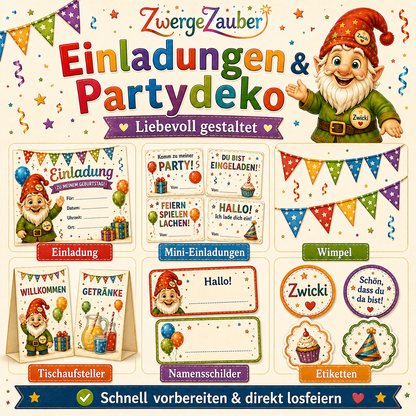 Kindergeburtstag PDF Set mit Einladungskarten, Mini-Einladungen, Wimpeln, Tischaufstellern, Namensschildern und Etiketten zum Ausdrucken