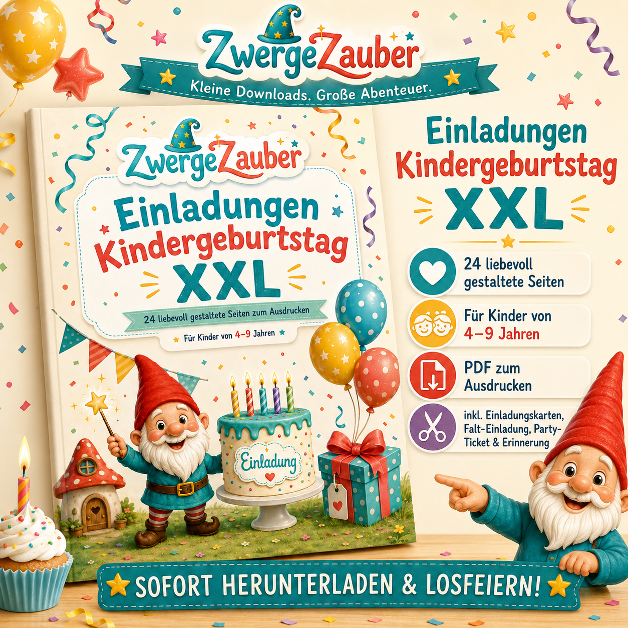 Kindergeburtstag Einladungen zum Ausdrucken als PDF mit Zwicki von ZwergeZauber