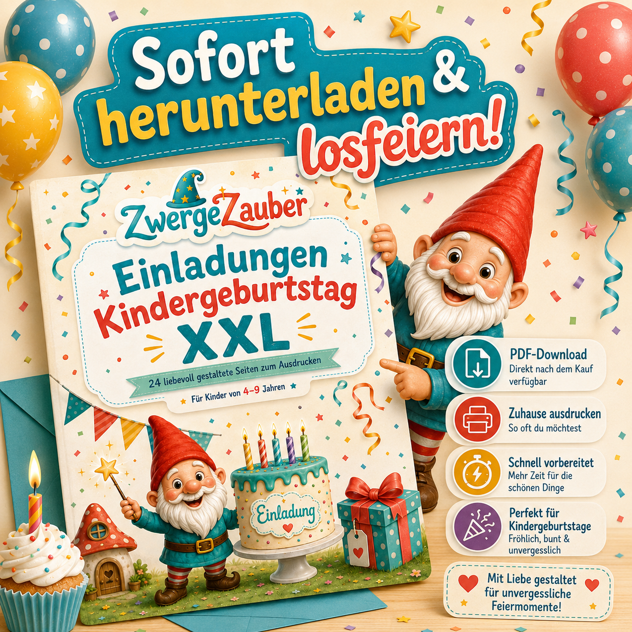 ZwergeZauber Kindergeburtstag Einladungen PDF als Sofort-Download zum Ausdrucken für Kinder von 4 bis 9 Jahren