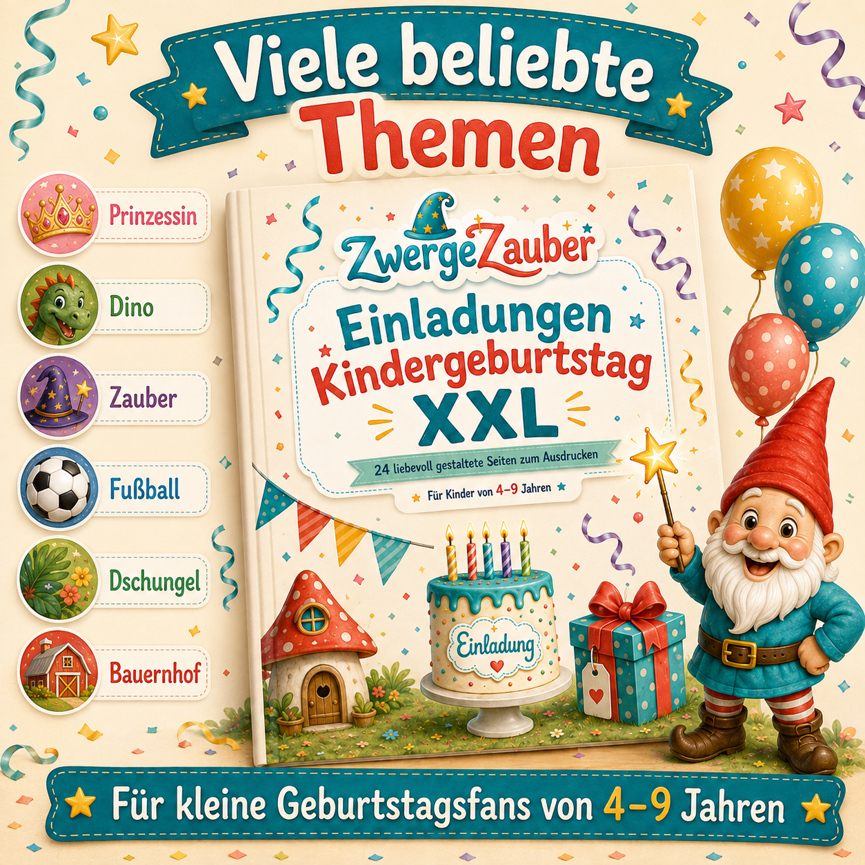 Einladungen Kindergeburtstag XXL mit beliebten Themen wie Prinzessin Dino Fußball Zauber und Bauernhof