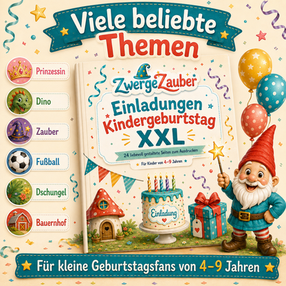 Einladungen Kindergeburtstag XXL mit beliebten Themen wie Prinzessin Dino Fußball Zauber und Bauernhof