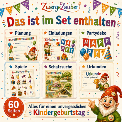 Kindergeburtstag Komplettpaket mit Übersicht über den Inhalt des Sets mit Planung, Einladungen, Partydeko, Spielen, Schatzsuche und Urkunden