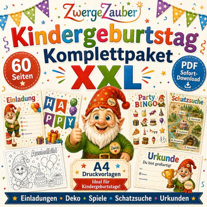 Kindergeburtstag Komplettpaket XXL als PDF Download mit 60 Seiten, Einladungen, Deko, Partyspielen, Schatzsuche und Urkunden von ZwergeZauber
