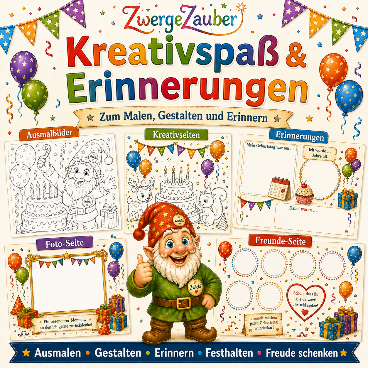 Kindergeburtstag Kreativseiten und Erinnerungsseiten mit Ausmalbildern, Fotoseite, Freunde-Seite und Geburtstags-Erinnerung zum Ausfüllen