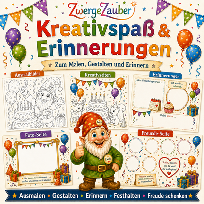 Kindergeburtstag Kreativseiten und Erinnerungsseiten mit Ausmalbildern, Fotoseite, Freunde-Seite und Geburtstags-Erinnerung zum Ausfüllen