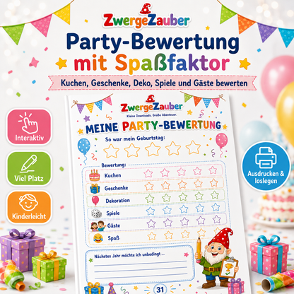 Party-Bewertung im Kindergeburtstags-Gästebuch mit Sternen für Kuchen, Geschenke, Spiele, Gäste und Spaß
