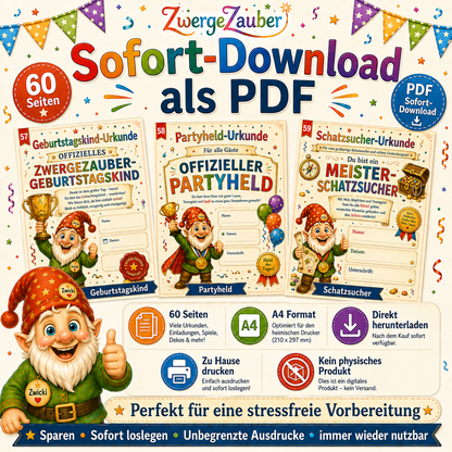 Kindergeburtstag Sofort-Download als PDF mit Geburtstagskind-Urkunde, Partyheld-Urkunde, Schatzsucher-Urkunde und 60 Seiten Partyspaß
