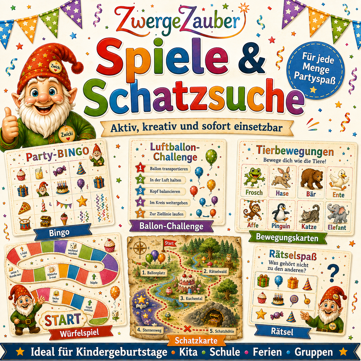 Kindergeburtstag Partyspiele und Schatzsuche als PDF mit Bingo, Bewegungsspielen, Würfelspiel, Rätseln und Schatzkarte für Kinder