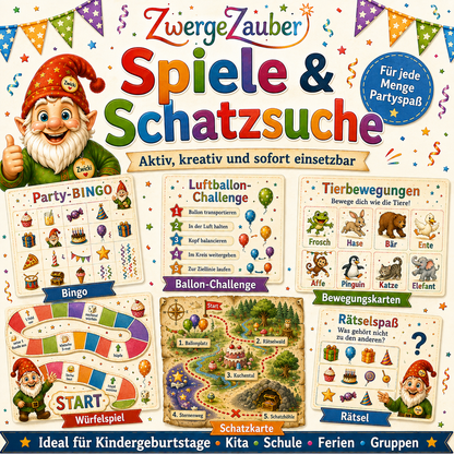 Kindergeburtstag Partyspiele und Schatzsuche als PDF mit Bingo, Bewegungsspielen, Würfelspiel, Rätseln und Schatzkarte für Kinder
