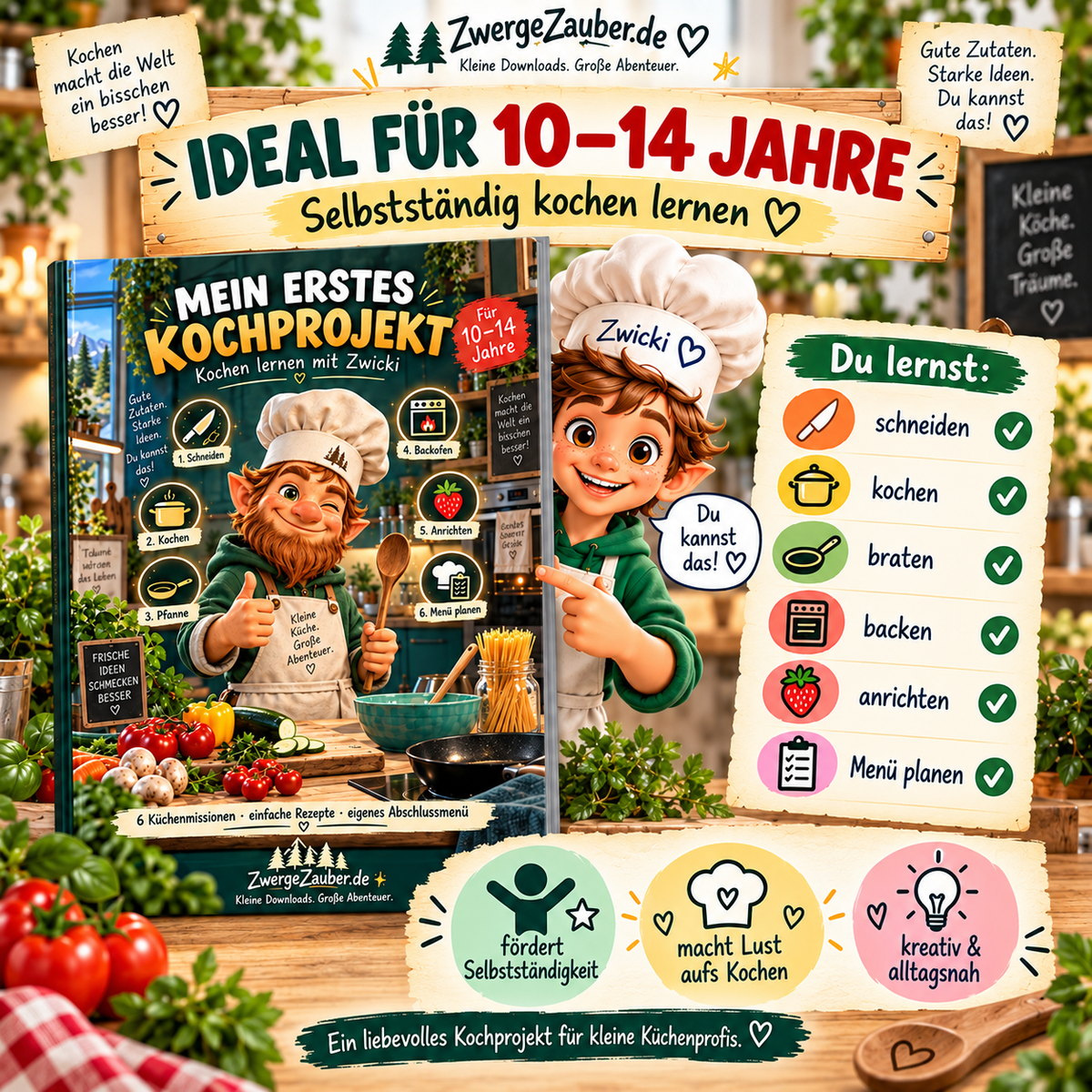 Kochprojekt für Kinder von 10 bis 14 Jahren zum selbstständigen Kochen lernen, Schneiden, Kochen, Braten, Backen und Menü planen
