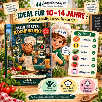 Kochprojekt für Kinder von 10 bis 14 Jahren zum selbstständigen Kochen lernen, Schneiden, Kochen, Braten, Backen und Menü planen