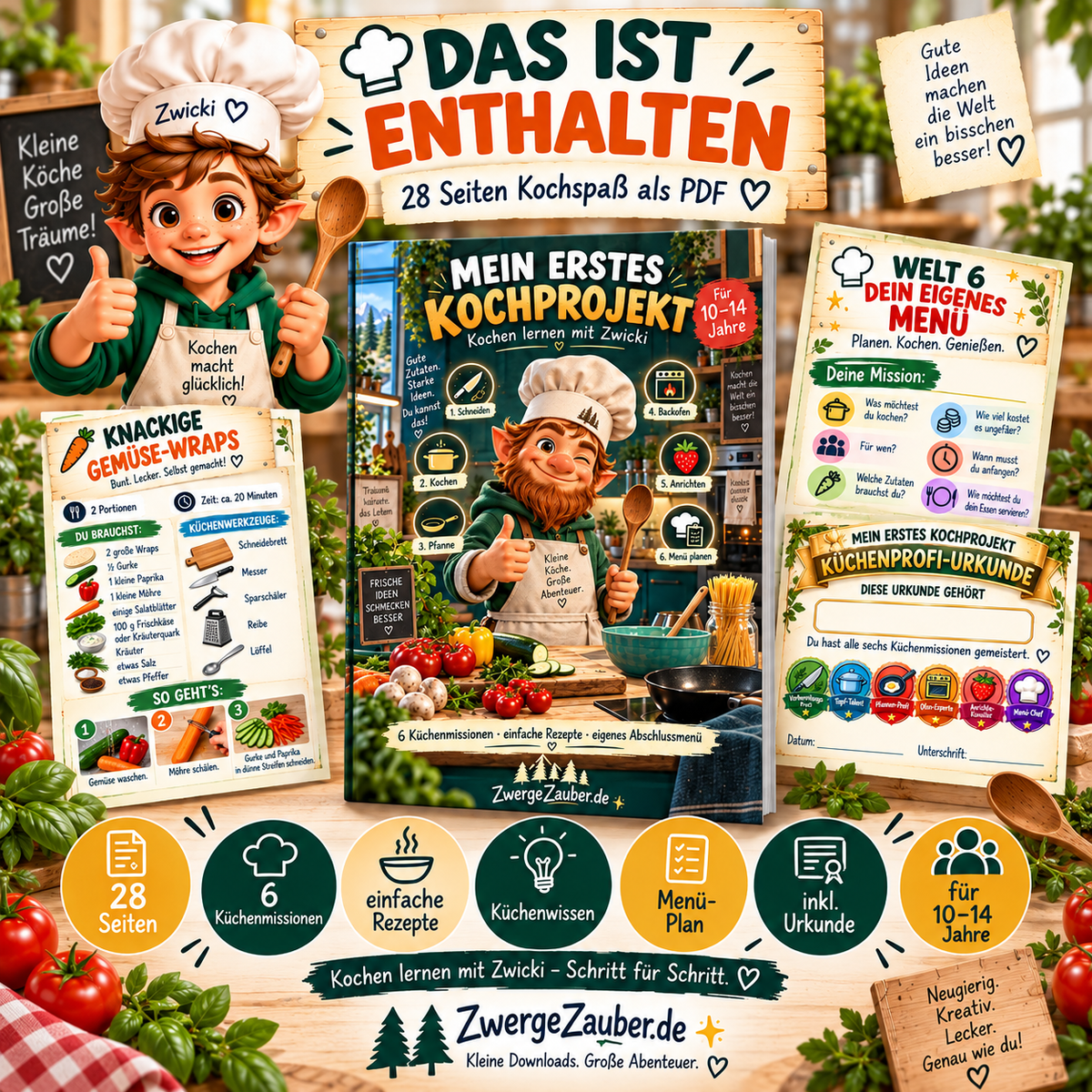 Das ist enthalten im Kochprojekt für Kinder: 28 Seiten mit 6 Küchenmissionen, einfachen Rezepten, Küchenwissen, Menüplan und Urkunde