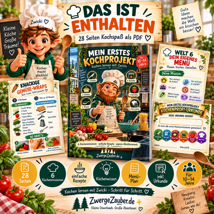 Das ist enthalten im Kochprojekt für Kinder: 28 Seiten mit 6 Küchenmissionen, einfachen Rezepten, Küchenwissen, Menüplan und Urkunde