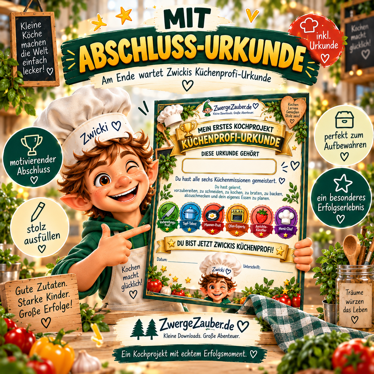 Küchenprofi-Urkunde als Abschluss von Mein erstes Kochprojekt mit sechs Küchenmissionen und Zwicki von ZwergeZauber