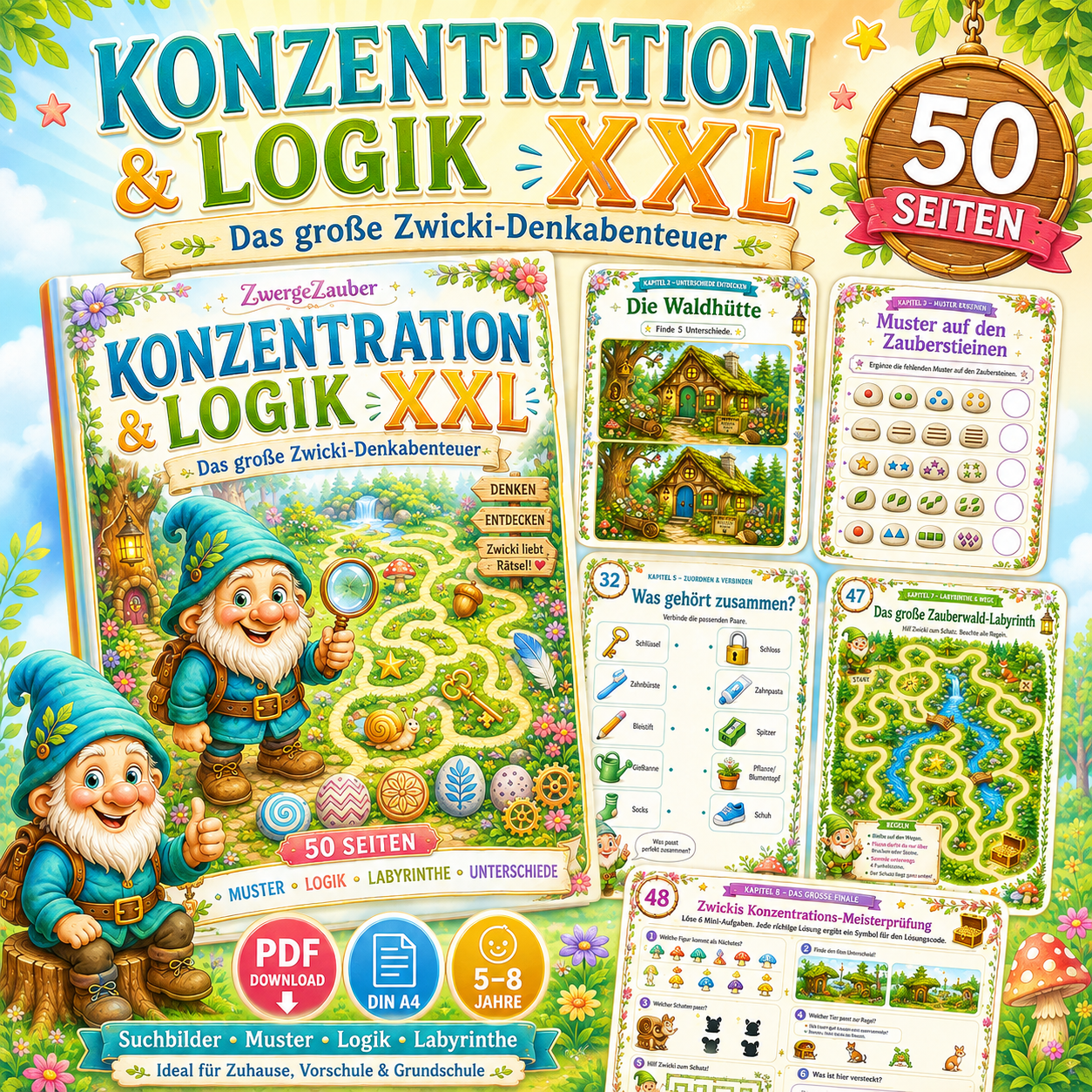 Konzentration und Logik XXL als Kinder Rätselheft PDF von ZwergeZauber mit 50 Seiten voller Suchbilder, Muster, Labyrinthe und Logikaufgaben.