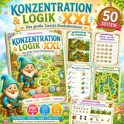 Konzentration und Logik XXL als Kinder Rätselheft PDF von ZwergeZauber mit 50 Seiten voller Suchbilder, Muster, Labyrinthe und Logikaufgaben.