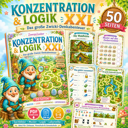 Konzentration und Logik XXL als Kinder Rätselheft PDF von ZwergeZauber mit 50 Seiten voller Suchbilder, Muster, Labyrinthe und Logikaufgaben.