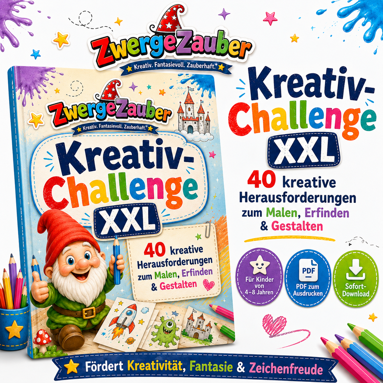 Kreativ-Challenge XXL mit 40 kreativen Seiten für Kinder von 4 bis 8 Jahren zum Malen, Erfinden und Gestalten