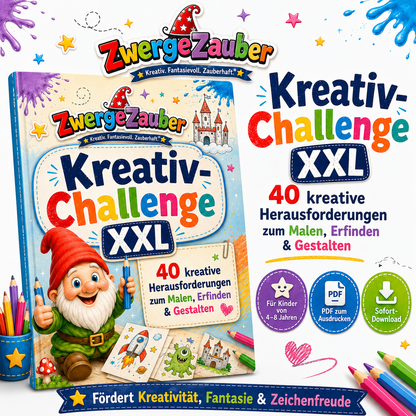 Kreativ-Challenge XXL mit 40 kreativen Seiten für Kinder von 4 bis 8 Jahren zum Malen, Erfinden und Gestalten