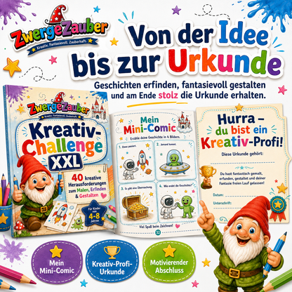 Kreativ-Challenge XXL mit Mini-Comic, Kreativ-Profi-Urkunde und fantasievollen Aufgaben für Kinder