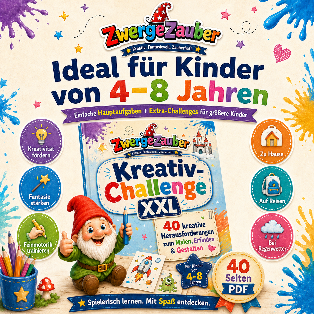 Kreativ-Challenge XXL PDF für Kinder von 4 bis 8 Jahren zur Förderung von Kreativität, Fantasie und Zeichenfreude
