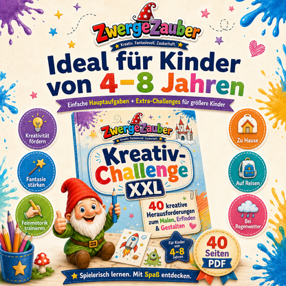 Kreativ-Challenge XXL PDF für Kinder von 4 bis 8 Jahren zur Förderung von Kreativität, Fantasie und Zeichenfreude