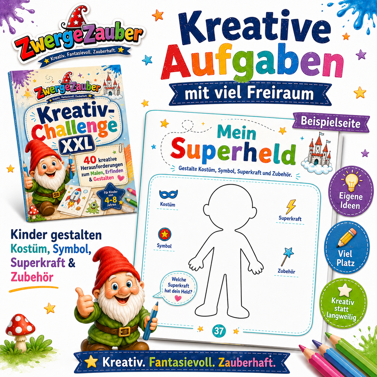 Beispielseite Mein Superheld aus der Kreativ-Challenge XXL mit viel Freiraum für eigene Ideen