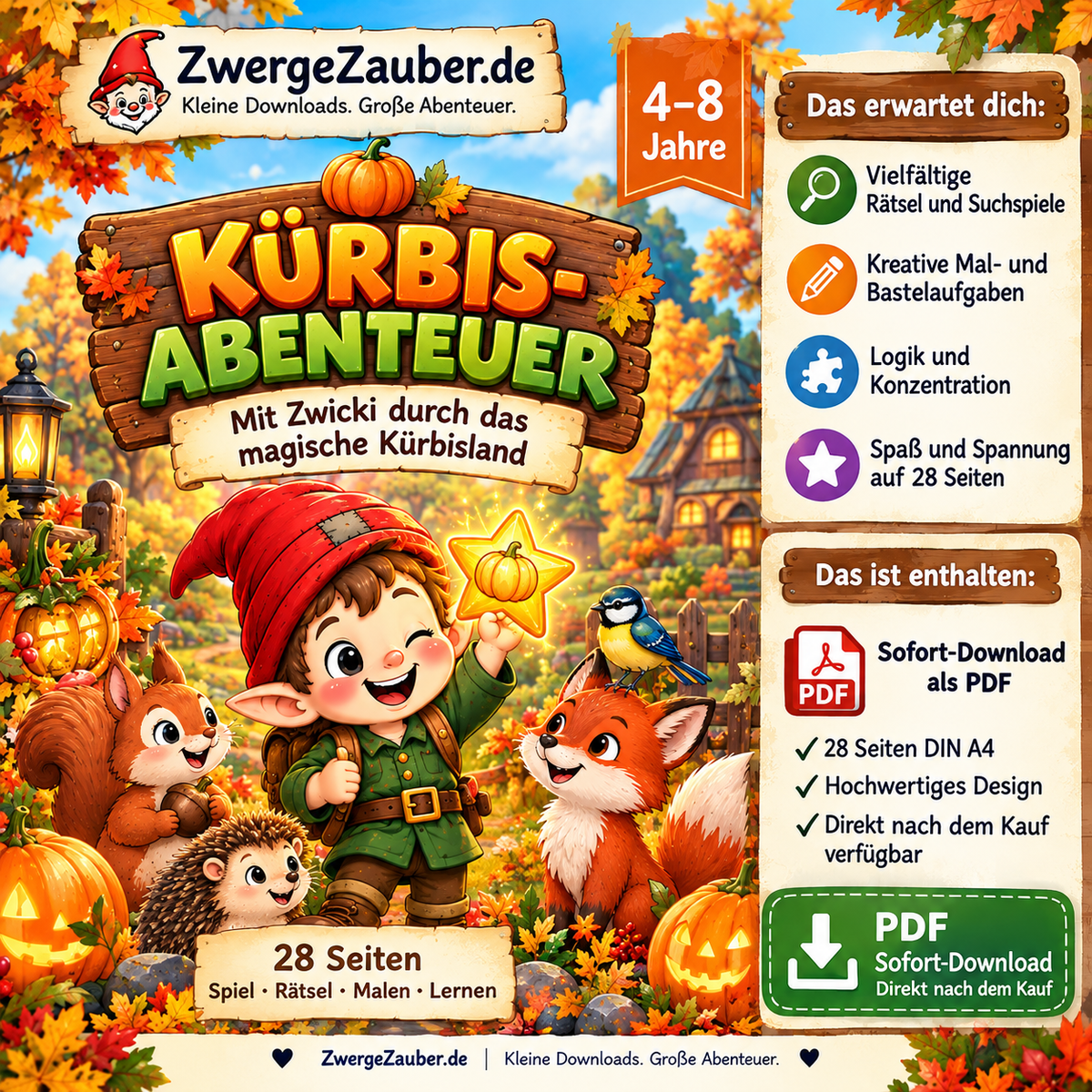 Inhalt des Kürbis-Abenteuers mit 28 Seiten voller Rätsel, Suchspiele, Logikaufgaben und Herbstspaß für Kinder
