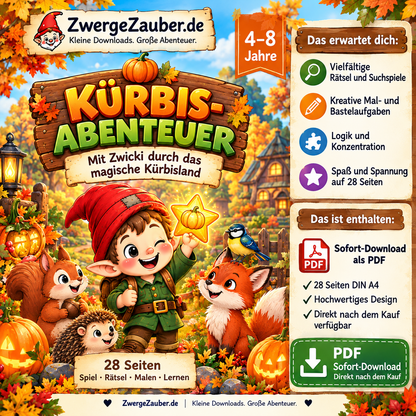 Inhalt des Kürbis-Abenteuers mit 28 Seiten voller Rätsel, Suchspiele, Logikaufgaben und Herbstspaß für Kinder