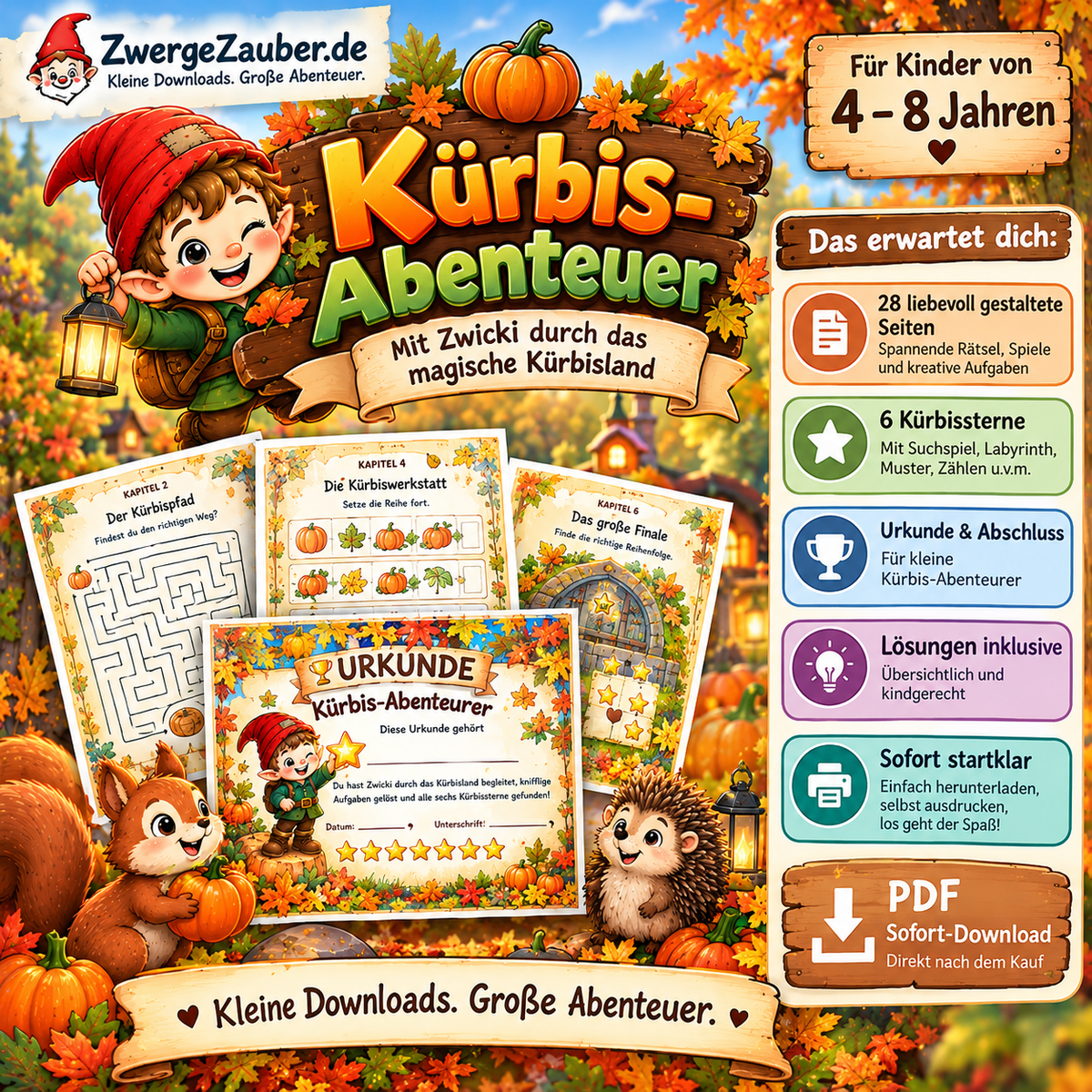 Kürbis-Abenteuer PDF mit 28 Seiten, sechs Kürbissternen, abwechslungsreichen Aufgaben, Lösungen und Urkunde