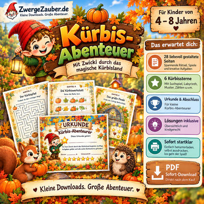 Kürbis-Abenteuer PDF mit 28 Seiten, sechs Kürbissternen, abwechslungsreichen Aufgaben, Lösungen und Urkunde
