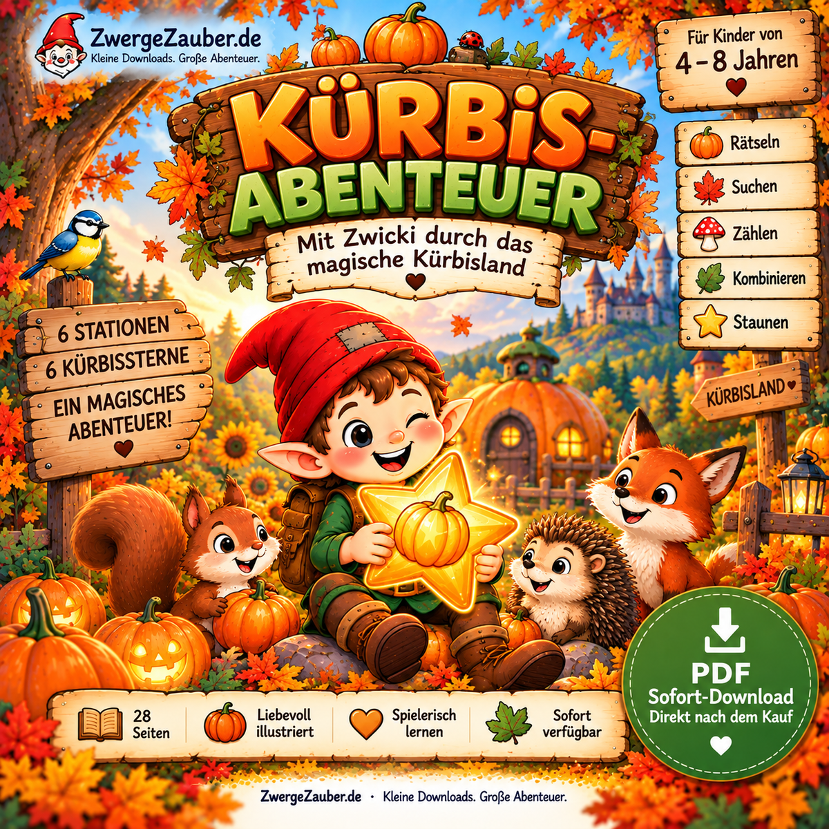 Kürbis-Abenteuer für Kinder mit Rätseln, Suchen, Zählen, Kombinieren und spielerischen Logikaufgaben